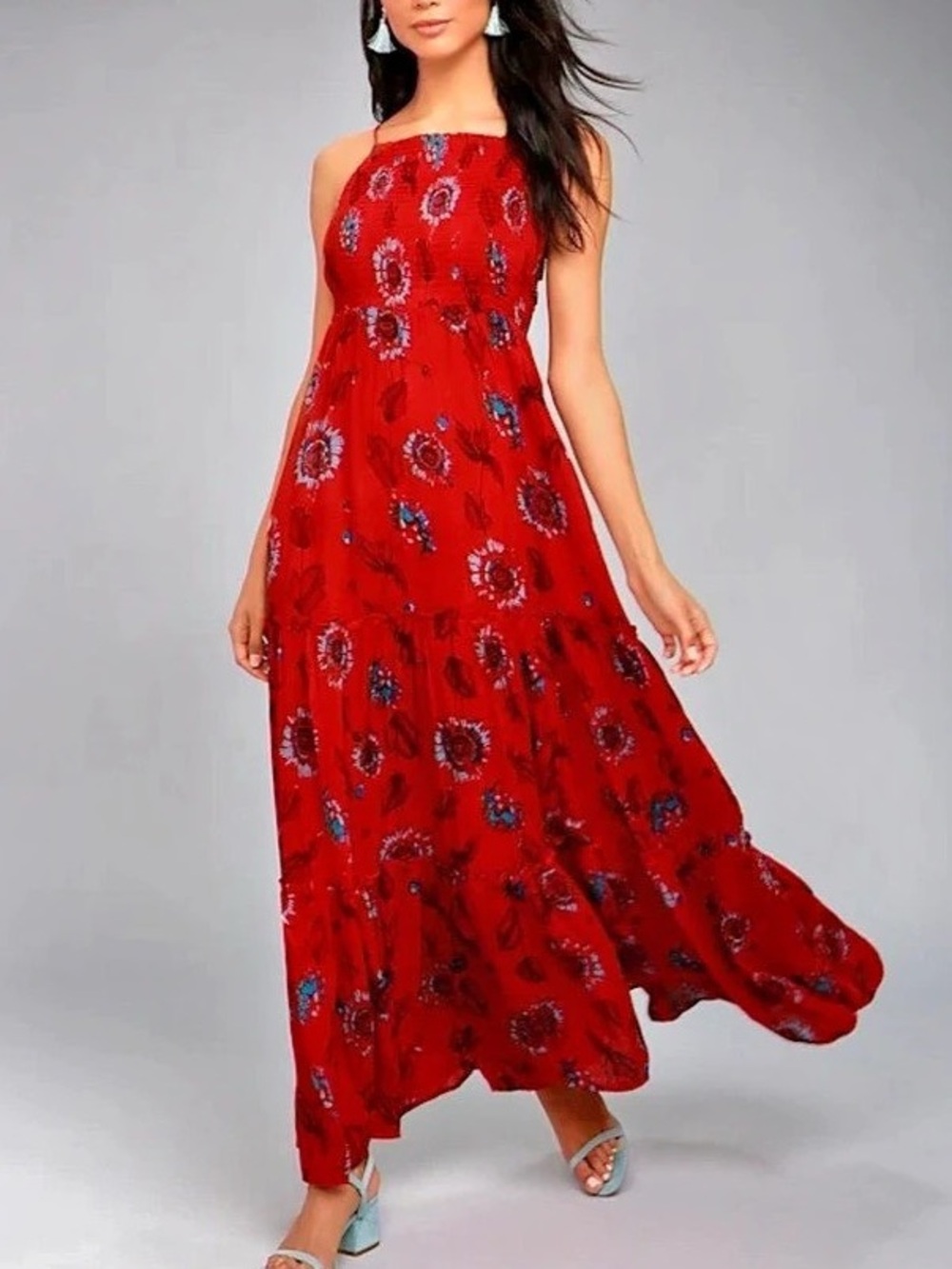 Free People Garden Party Maxi Dress Floral Maxi Dress Red & Blue Large